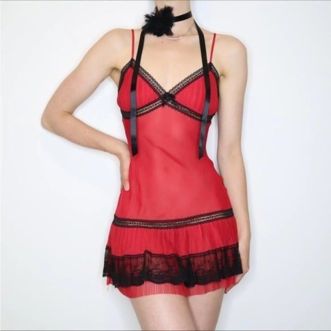 Vintage Y2K La Vie En Rose Red Chiffon Slip Dress Size Medium Black Lace Ruffled