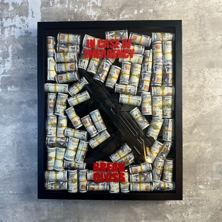 In Case of Emergency Break Glass - Uzi Mauser Gun ( replica ) Money Art