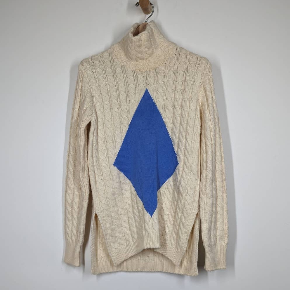 Tory Burch Nel Cable Knit Turtleneck Sweater Cream Blue Size Small Preowned