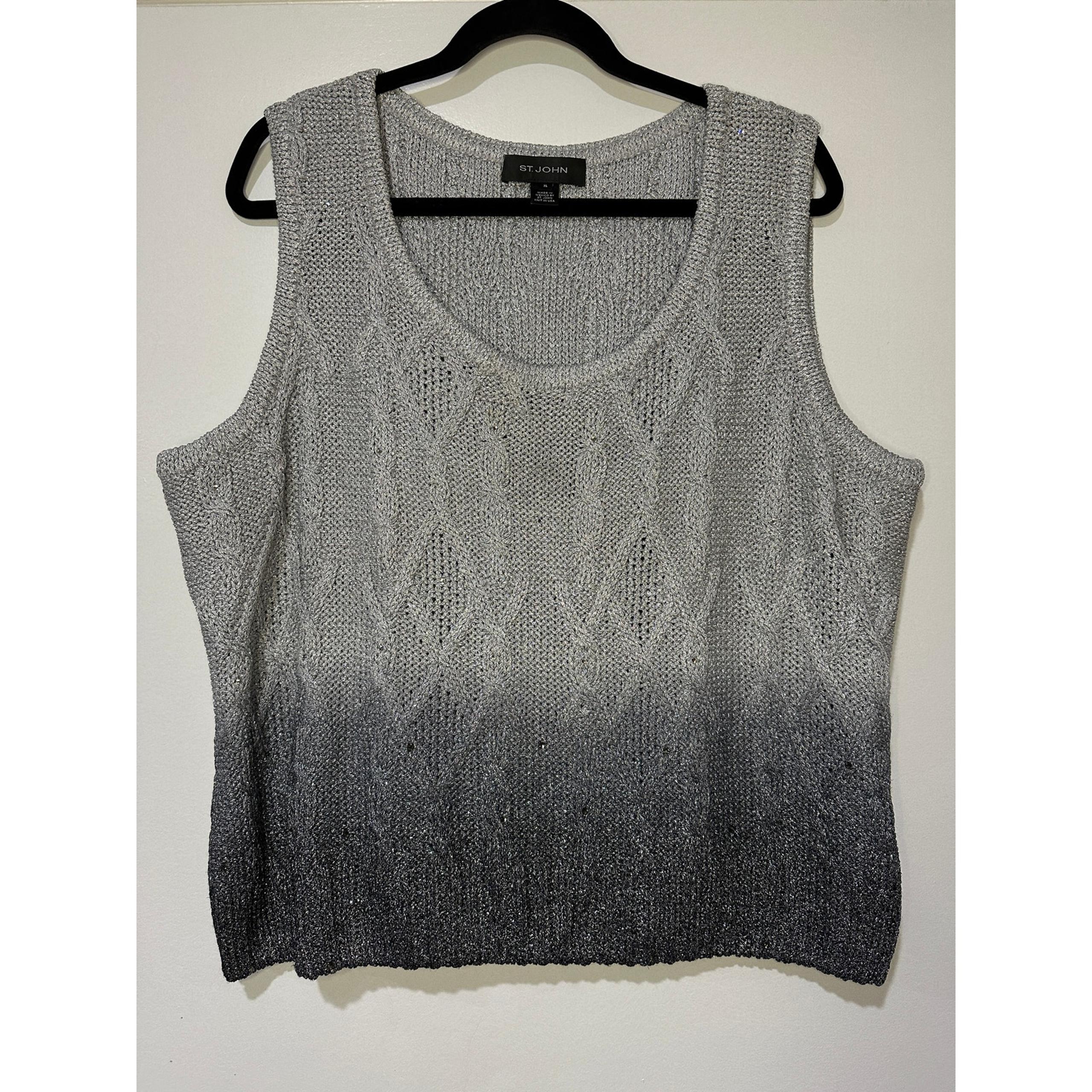 Women's Size XL Cable Knit Sweater Vest Top Metallic Grey Scoop Neck - St. John
