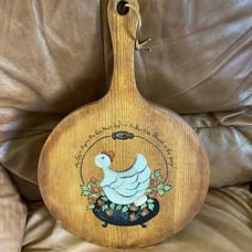 Rare Original Painted Wooden Cutting Board Egg Day Hen Stew Pot Strawberries