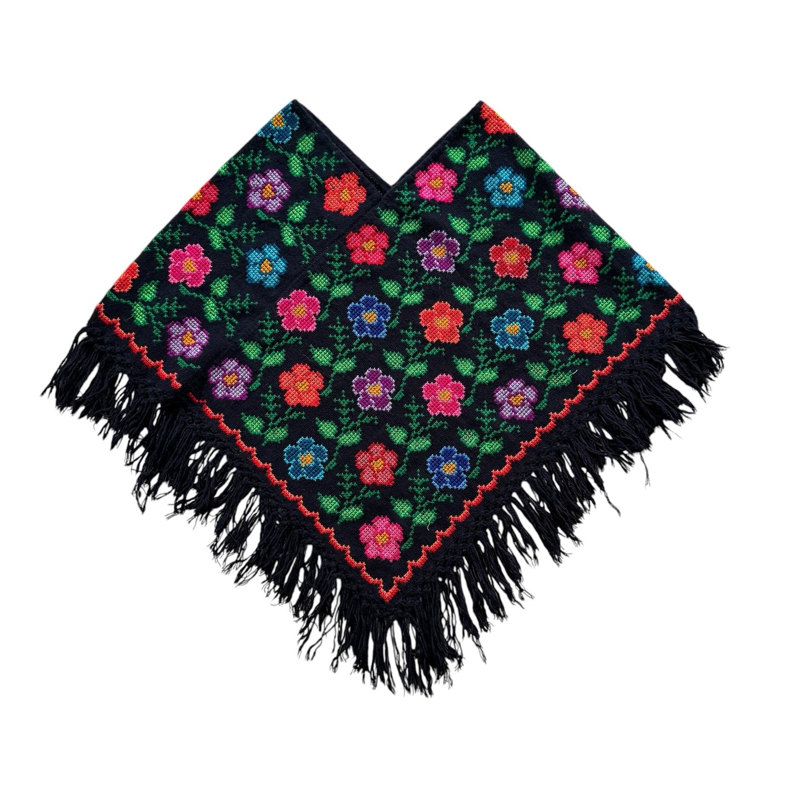 Colorful Handmade Floral Mexican Fringe Poncho One Size