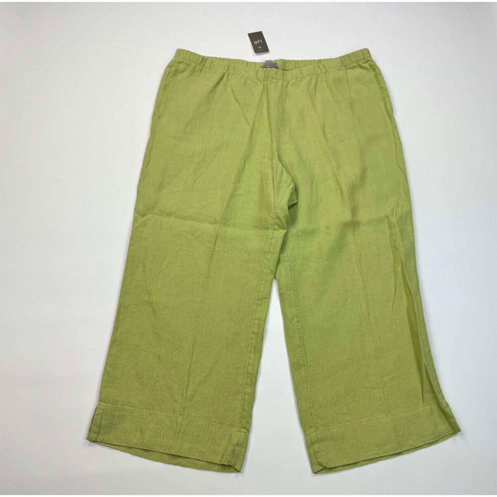 J Jill Linen Wide Leg Cropped Pants Women XL NWT Pockets Elastic waist Green