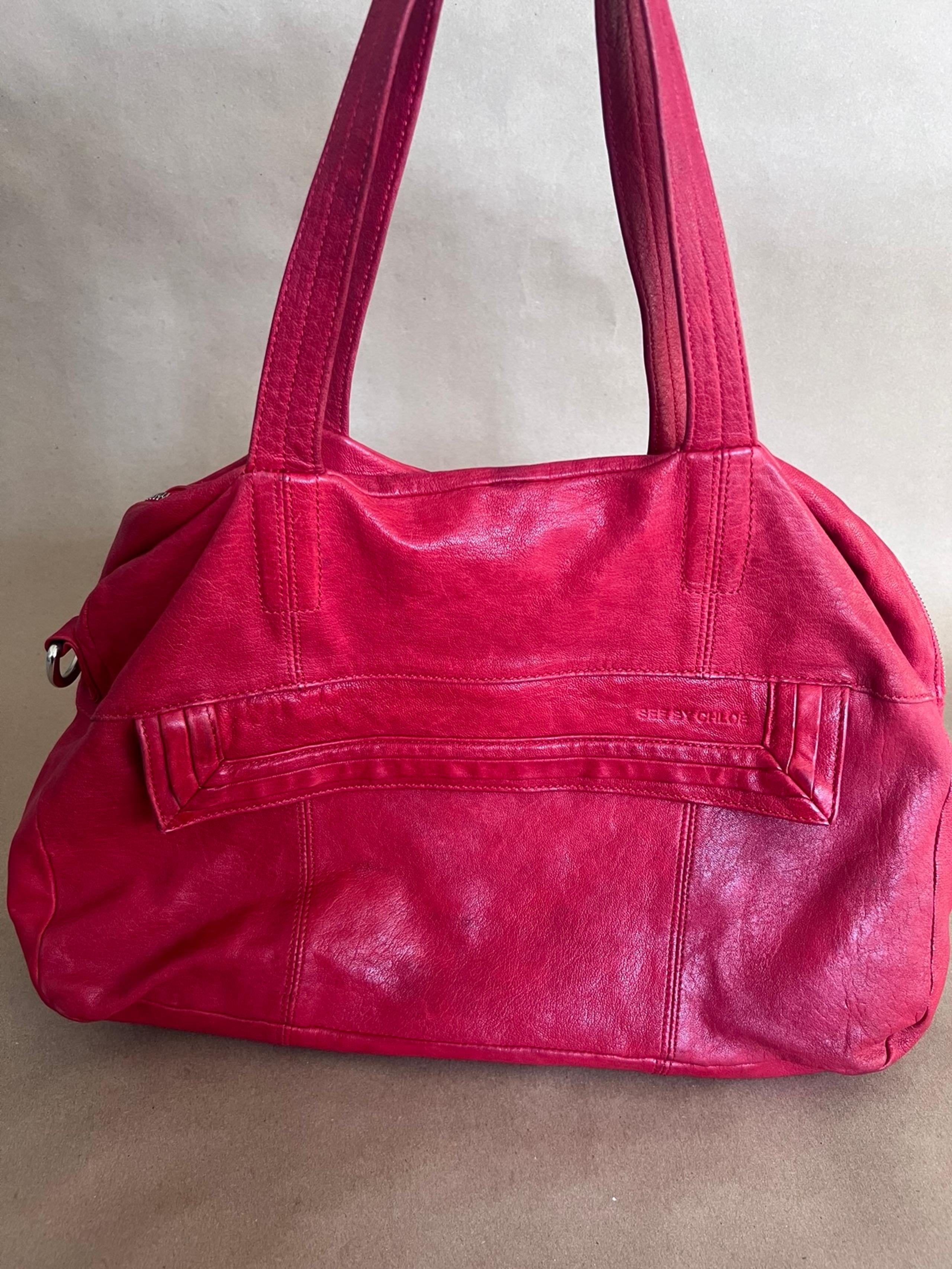 See By Chloe Buttery Soft Red Genuine Leather Tote Shoulder Bag Large Travel