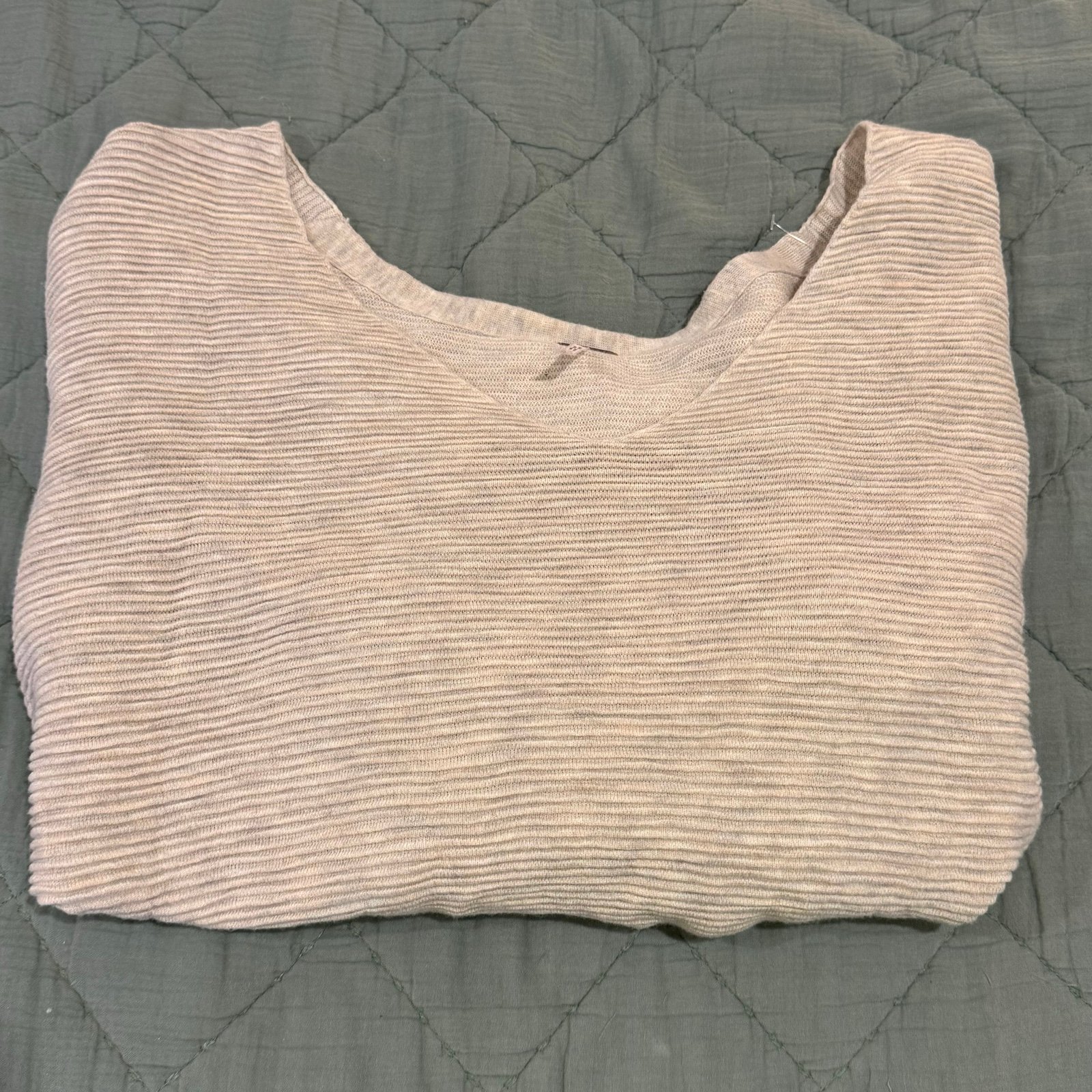 Free People Bell Ribbed Bottom Sleeve Deep V-Neck Sweater - Beige