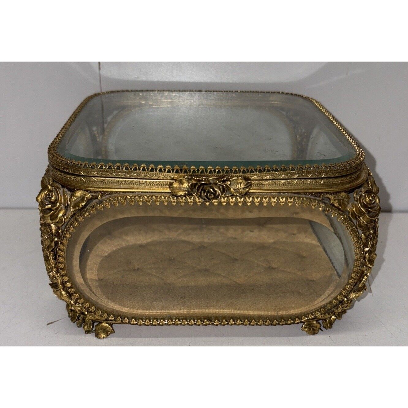 Vintage MATSON Jewelry Casket Trinket Box Ormolu Gold Filigree Beveled Glass