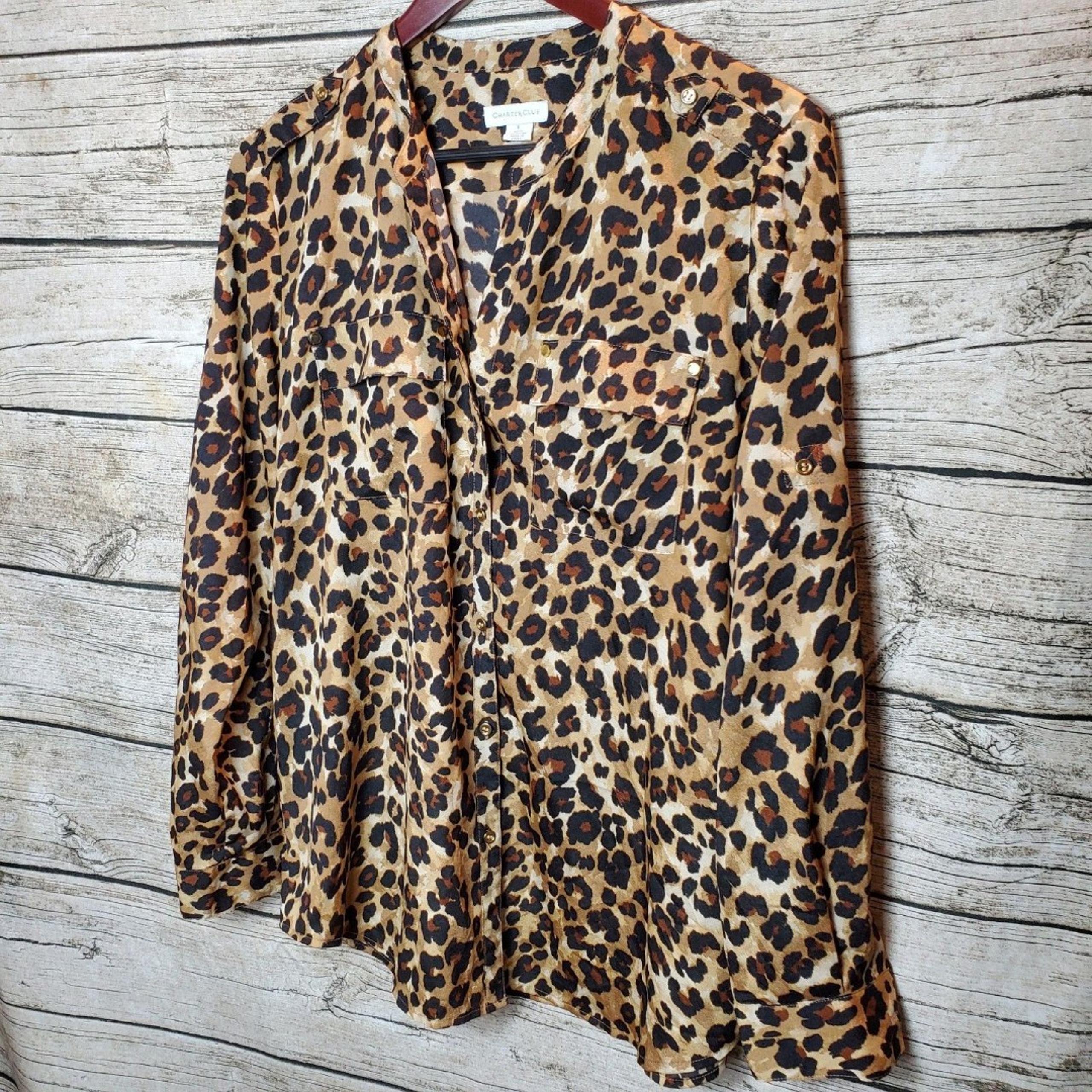 Charter Club Womens Leopard Print Top Sz Large Tab Sleeve Button Down chiffon