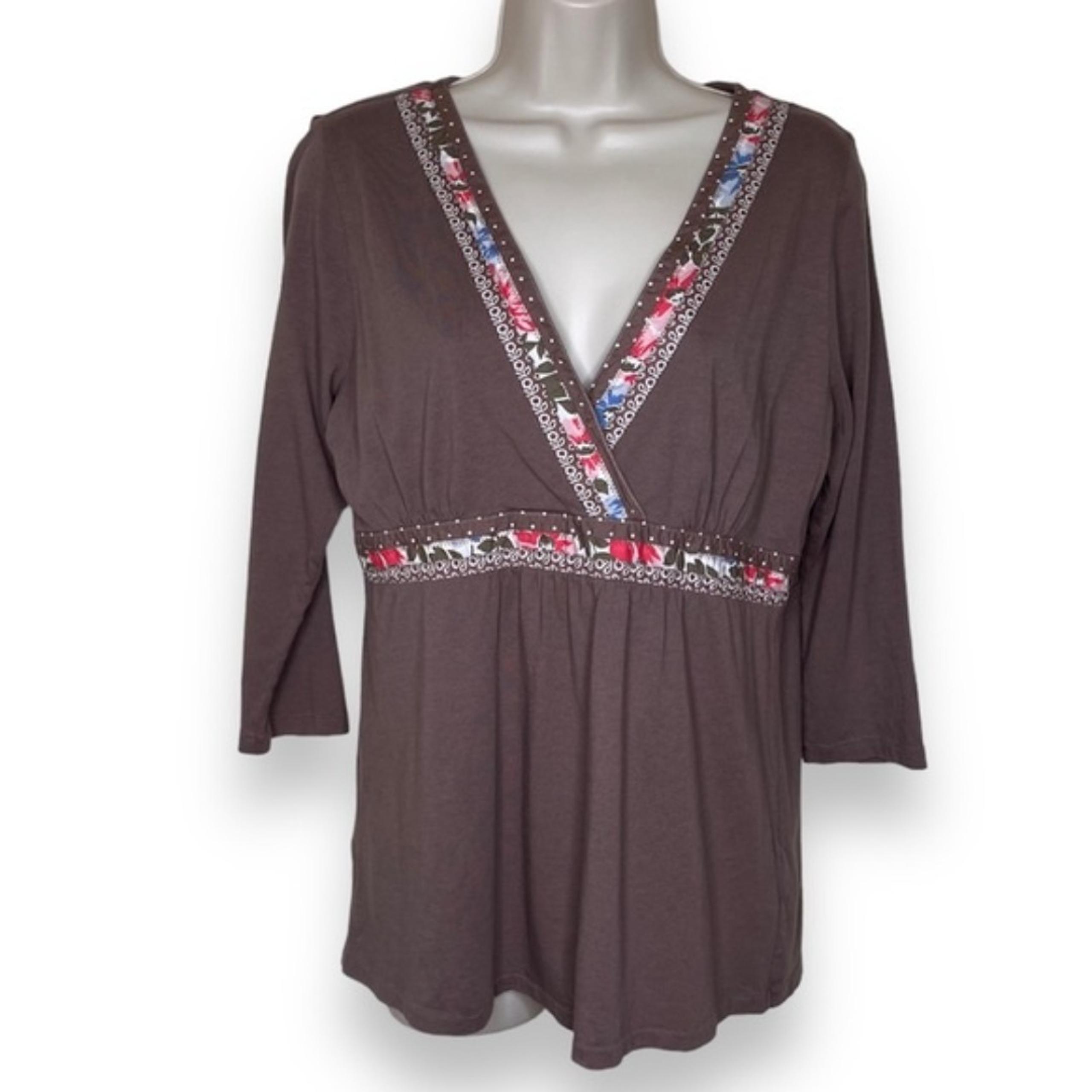 Boden Surplice Wrap Empire Waist Floral Trim Brown Cotton Modal Top Women 14