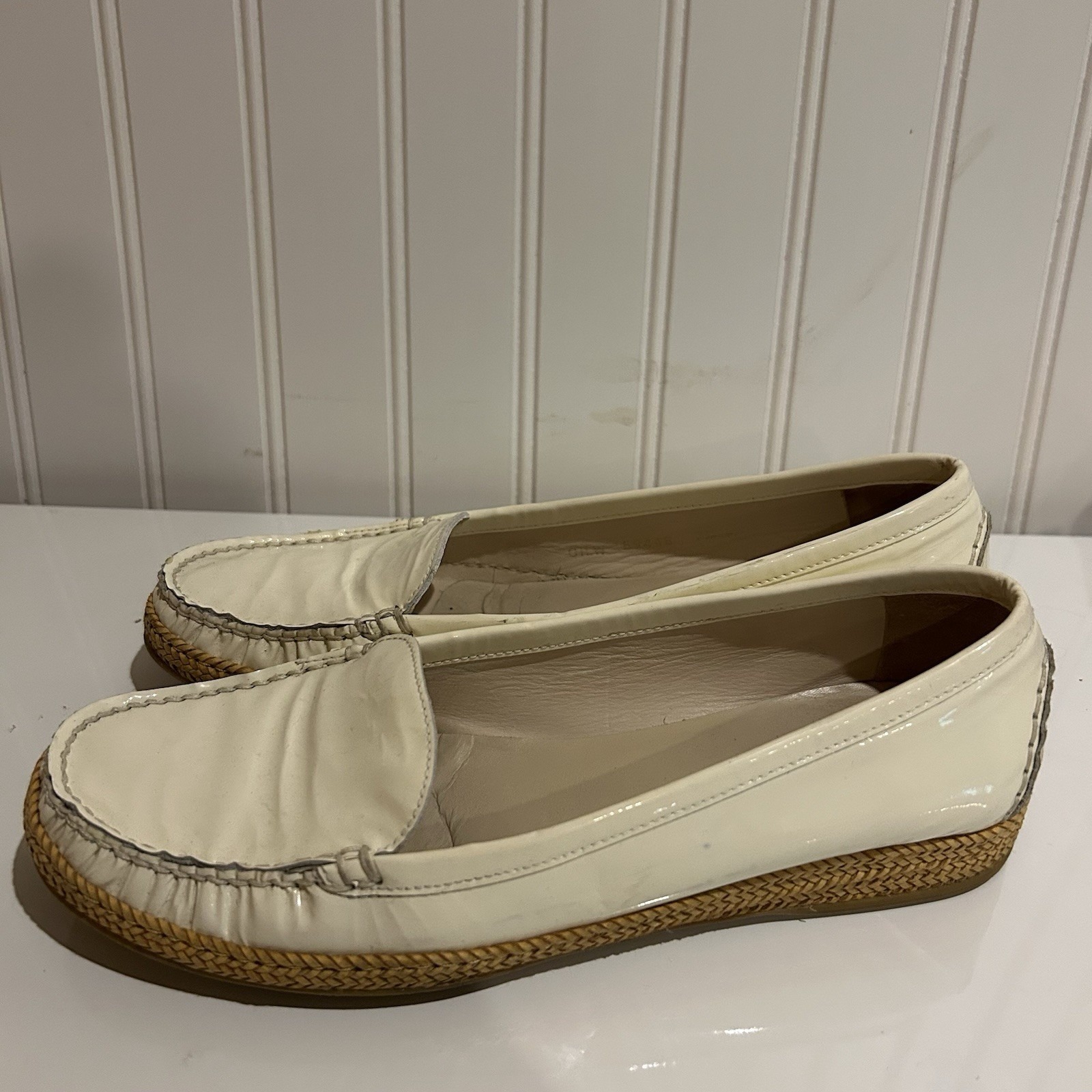 Stuart Weitzman Geek White Patent Leather Espadrilles Loafers Braided Trim 7.5W