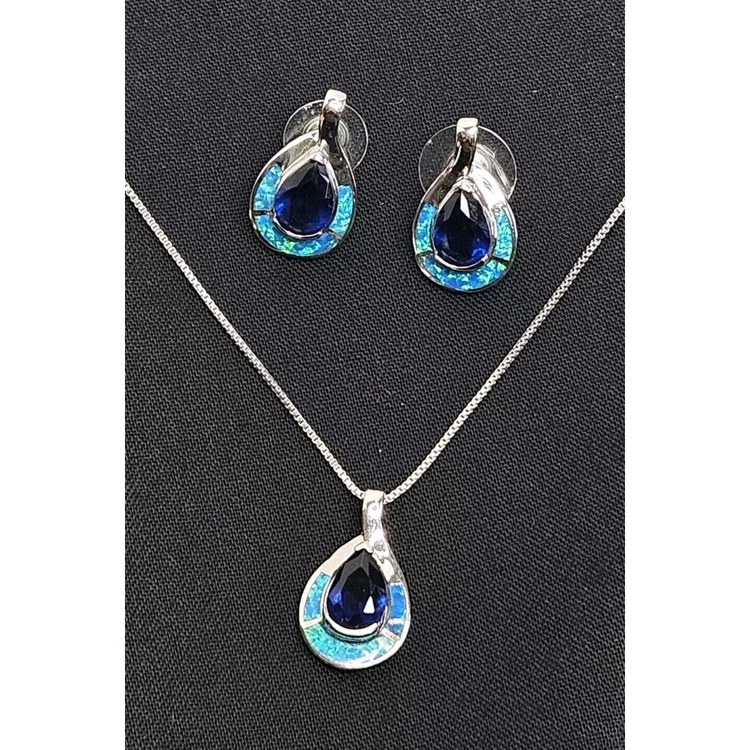 Hermosa Teardrop Sterling Silver Necklace & Stud Earring Set Blue Opal Ocean