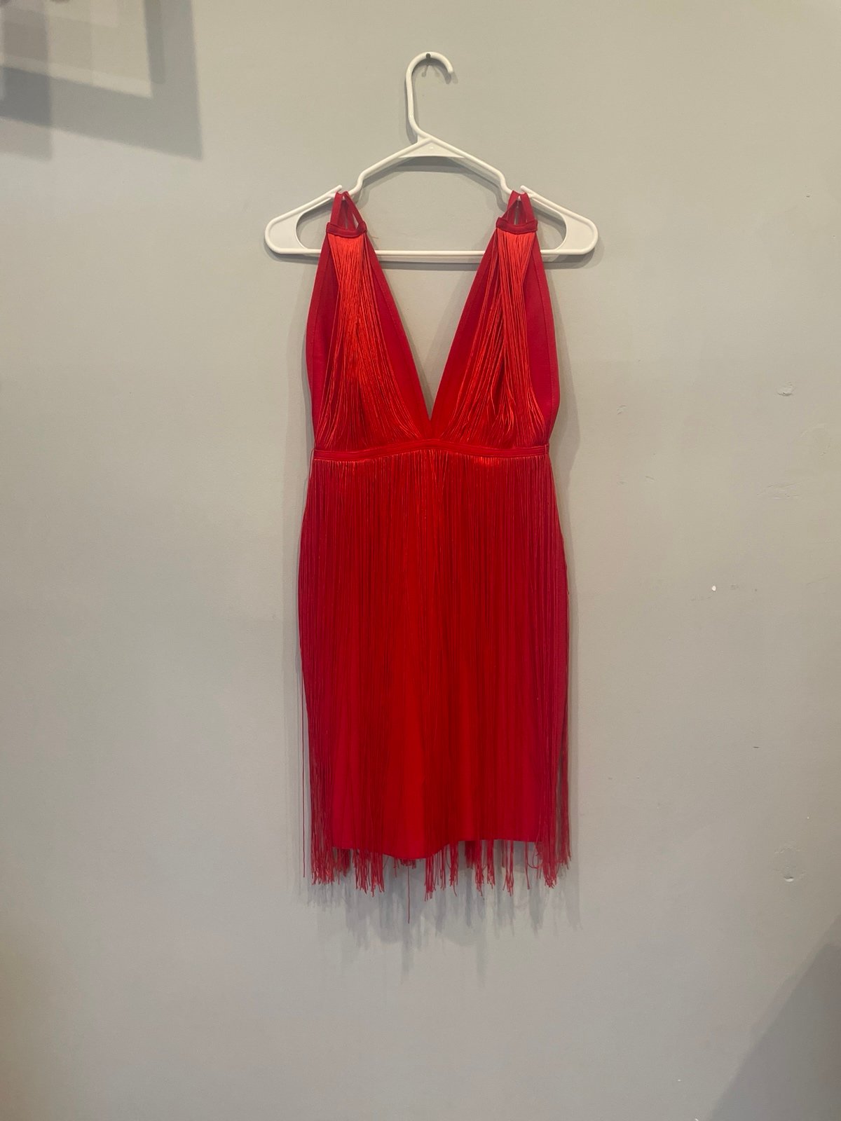 Red fringed low cut halter style vintage going out dress