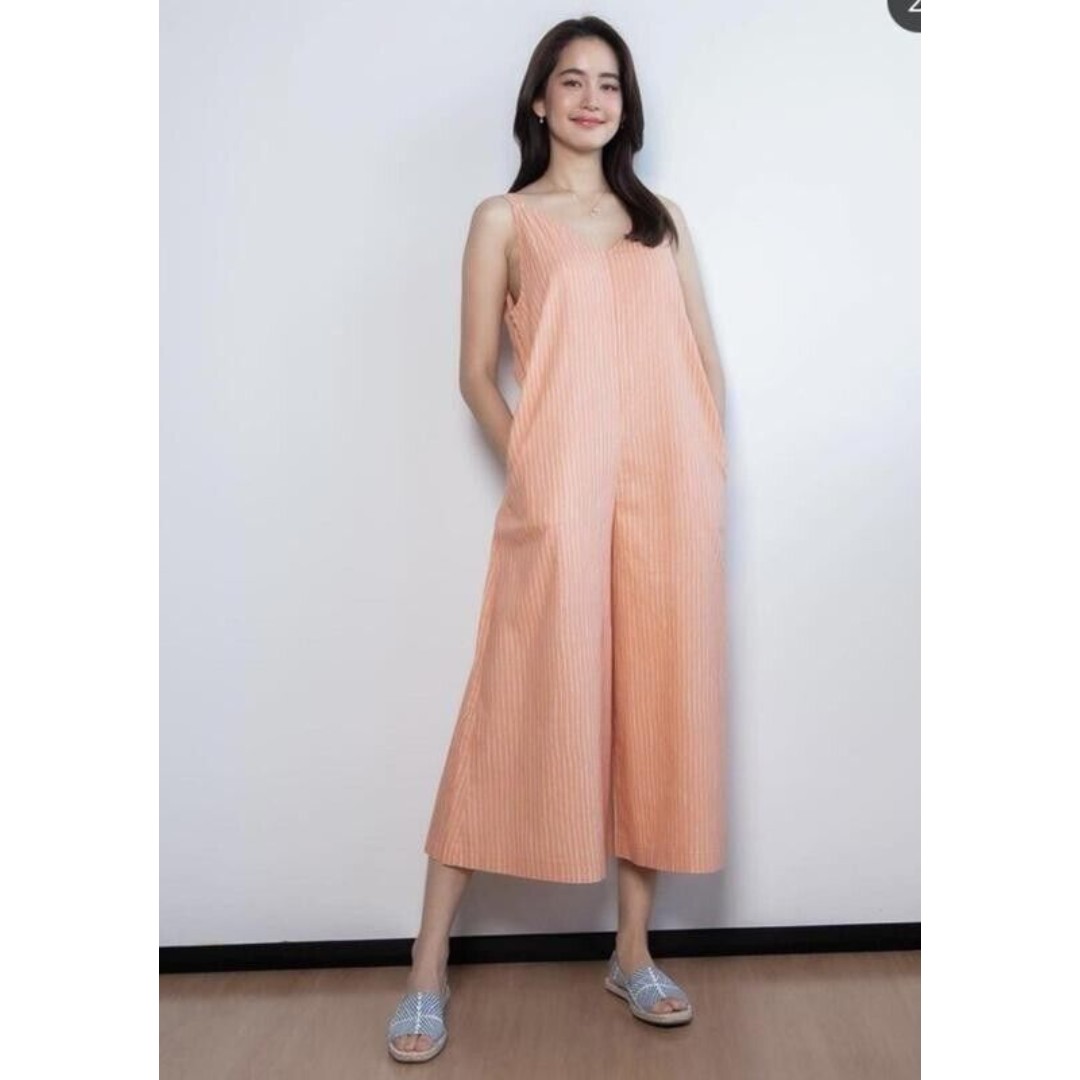 Marimekko Peach Striped Wide Leg Cotton Linen Sleeveless Cropped Jumpsuit - XS