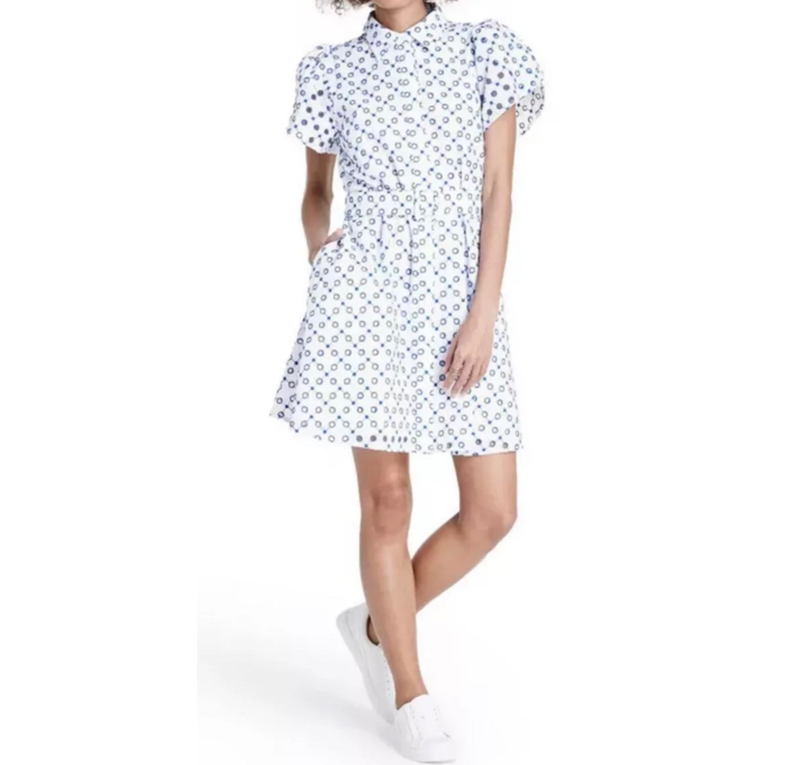 ALEXIS Target Isaias Dot Tulip Sleeve Embroidered Shirt Dress in White Blue XS