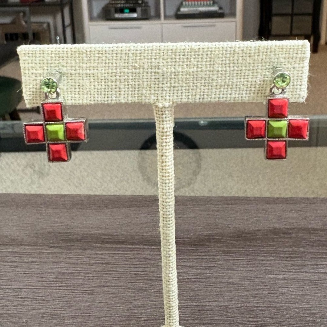 Silver Red & Green Stone Cross Earrings