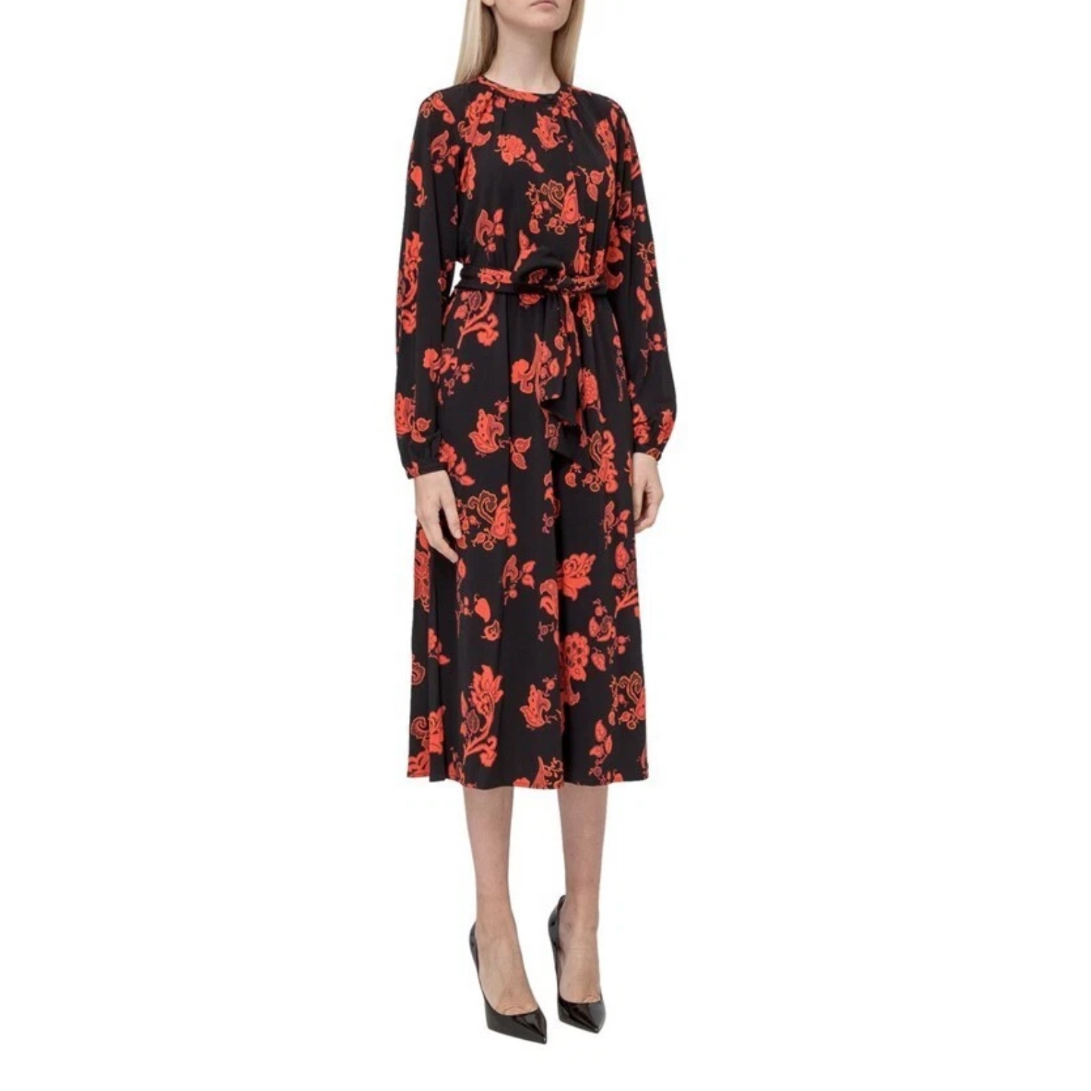 Tory Burch | Black + Red Floral Print Midi Length Dress | Size Small