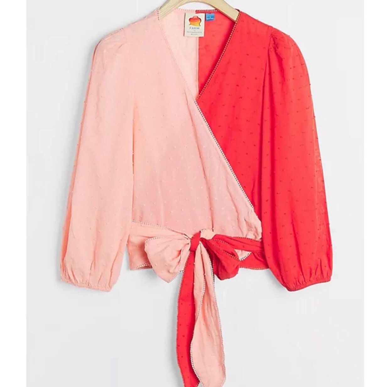 Anthropologie x FARM Rio Wrap Shirt Women's Small Blouse Top Swiss Dot Pink Red