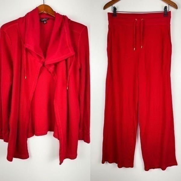 Lauren Ralph Lauren Womens Waffle Knit Cardigan and Pants Set 2 Piece Red Medium
