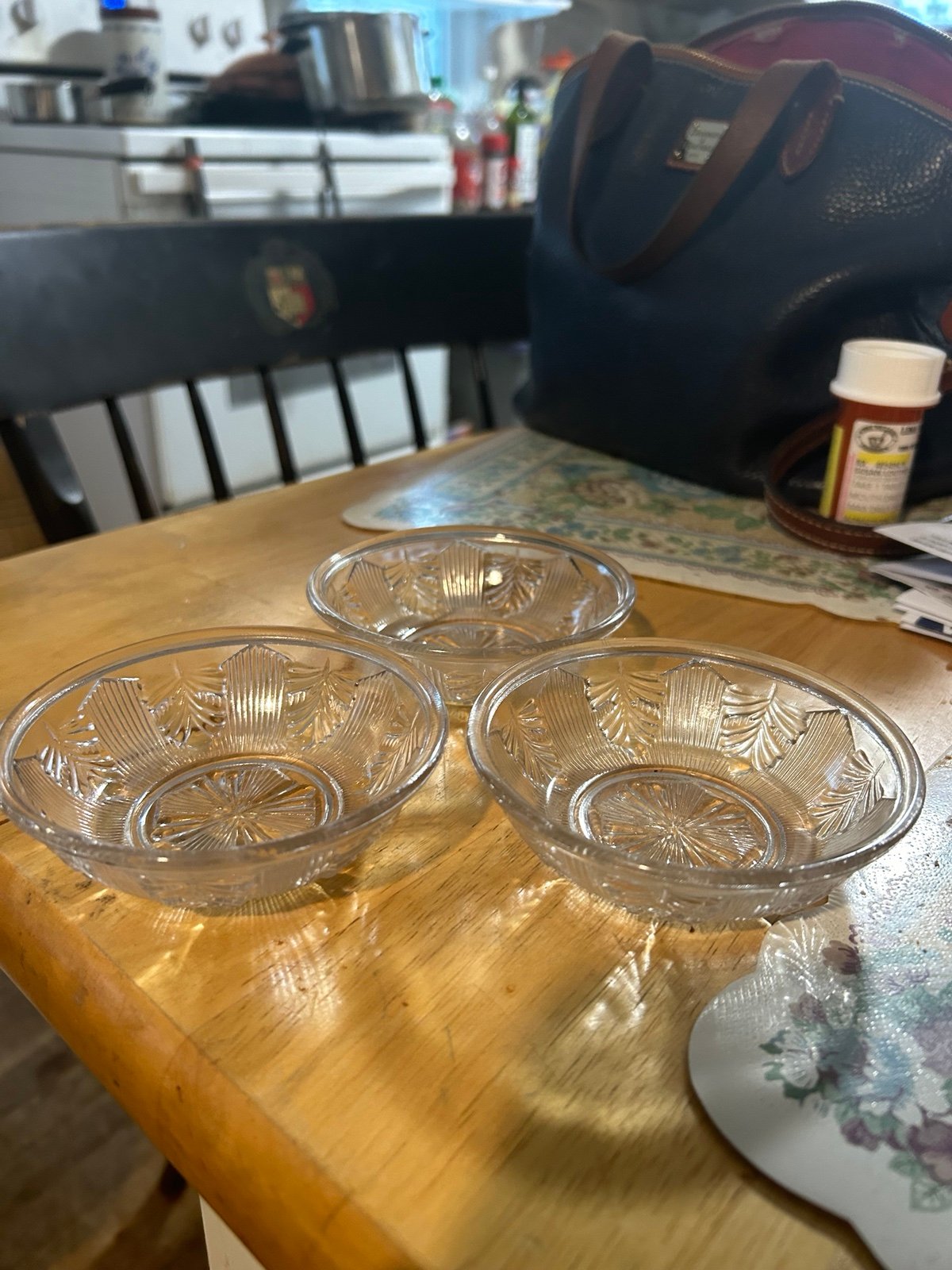 Boston Glass inverted fern honey dish. 4” across, 3 in set. EAPG antique, 1888.