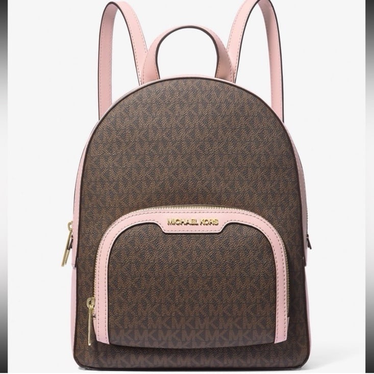 NWT Michael Kors Jaycee Medium Logo Brown and Pink Backpack (Powder Blush)