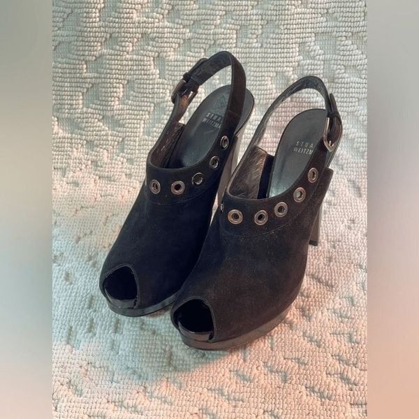 NWOT Stuart Weitzman Black Suede Slingback peep-toe grommet heels size 9.5