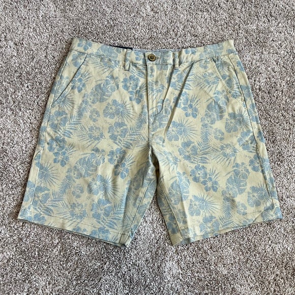 Jachs Khaki Blue Tropical Printed Stretch Chino Shorts 31 NEW Palm Floral Preppy
