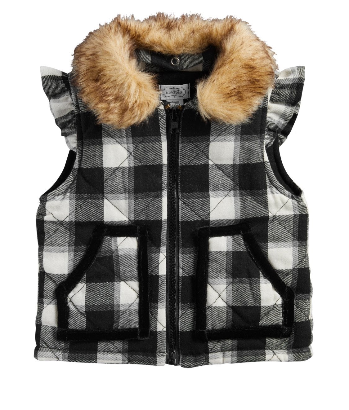 Mud Pie Black Check Quilted Fur Vest 12-18 M NWT