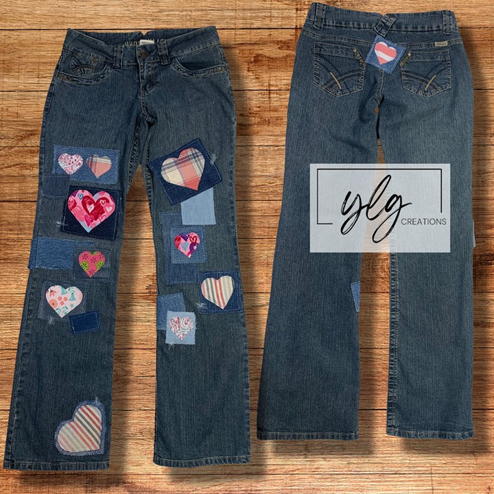 Womens Hydraulic Jeans Boho Patched Pink Hearts Wide Leg Upcycled Denim 4