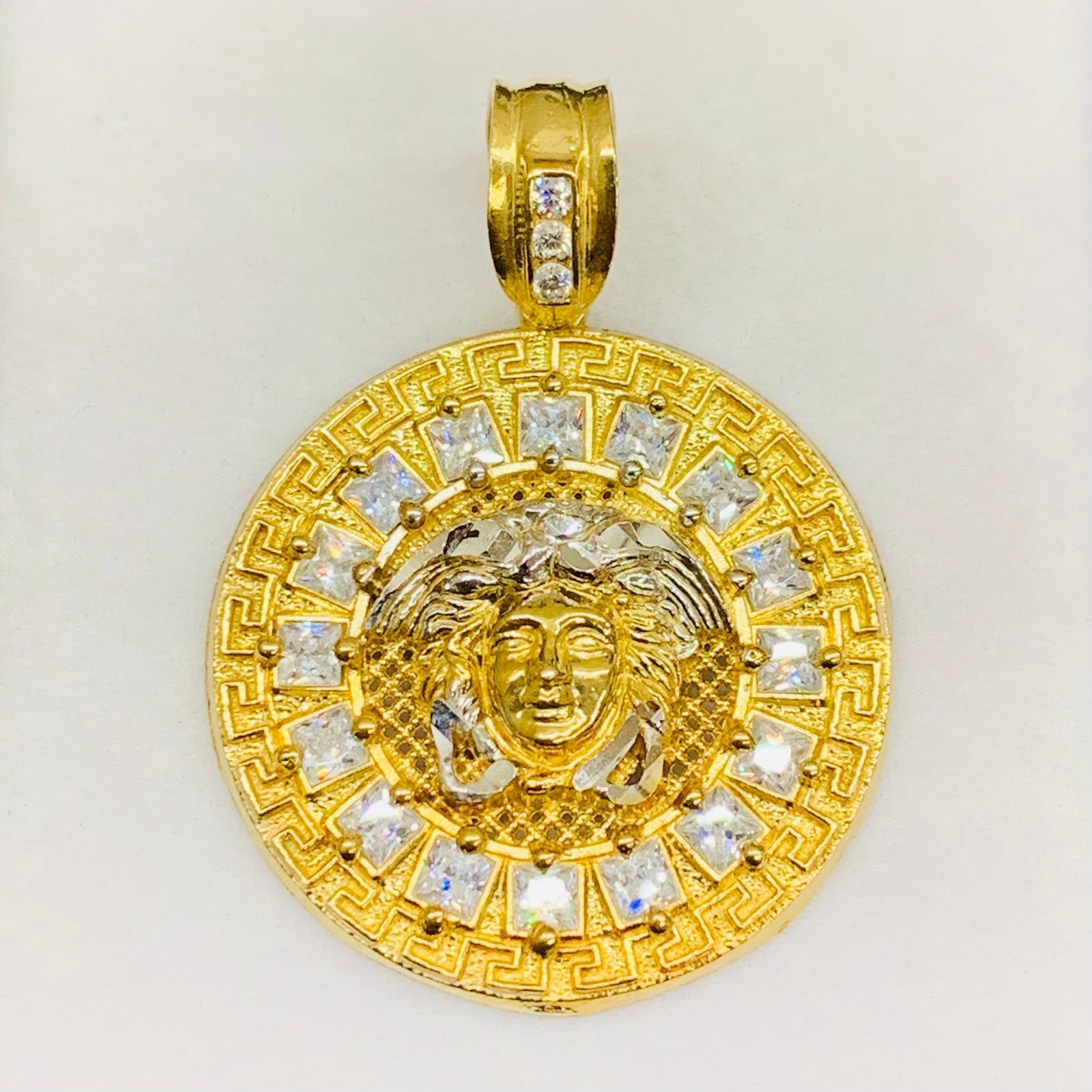 10k Yellow Gold Medusa Head Greek Key Princess Cut CZ Halo Round Pendant Charm