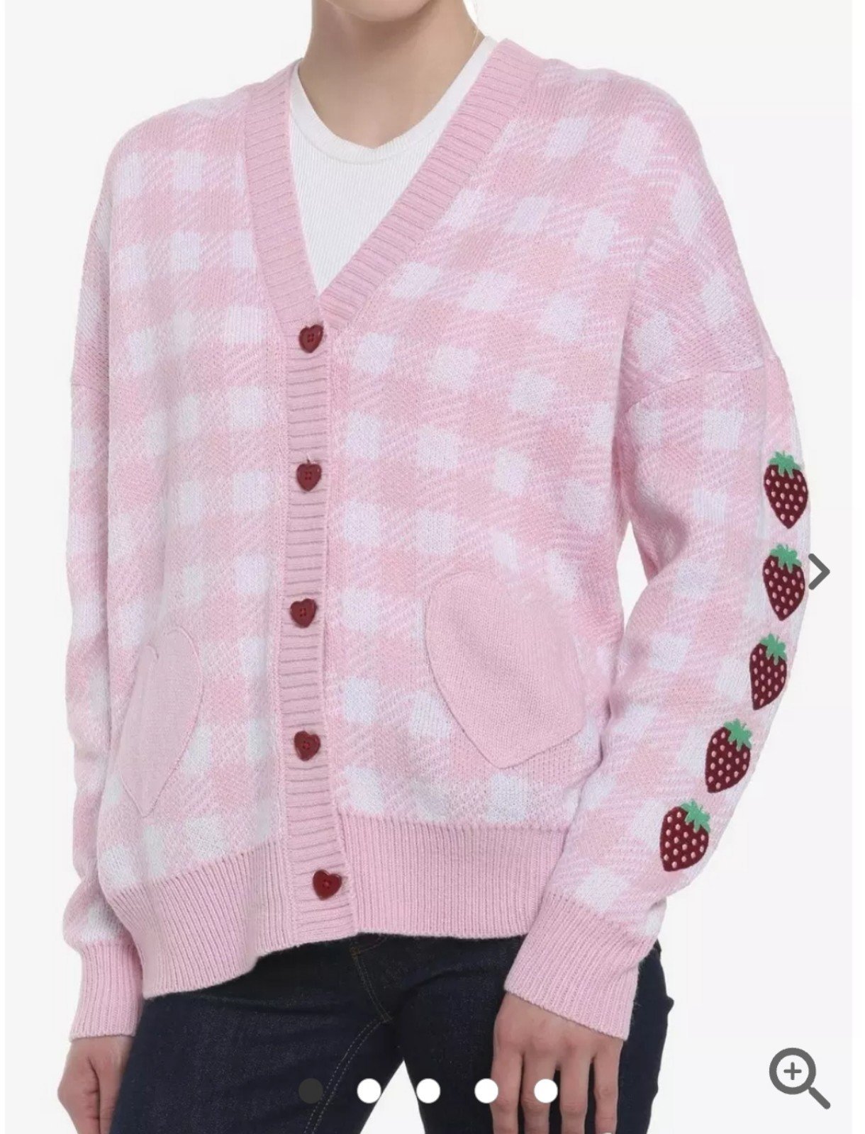 Pink Gingham Strawberry Heart Girls Oversized Cardigan