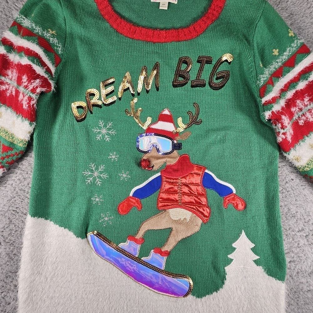 Dream Big Christmas Sweater Womens 2XL Skiing Holiday Ugly Embellished Holiday