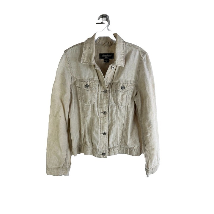 Vintage 90s Eddie Bauer Womens Small Linen Distressed Lightweight Jacket Beige