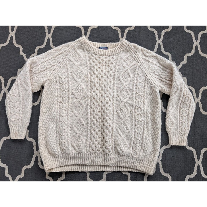 Vintage Lands End Sweater Mens Large Cable Knit Ireland Wool Cream Fisherman