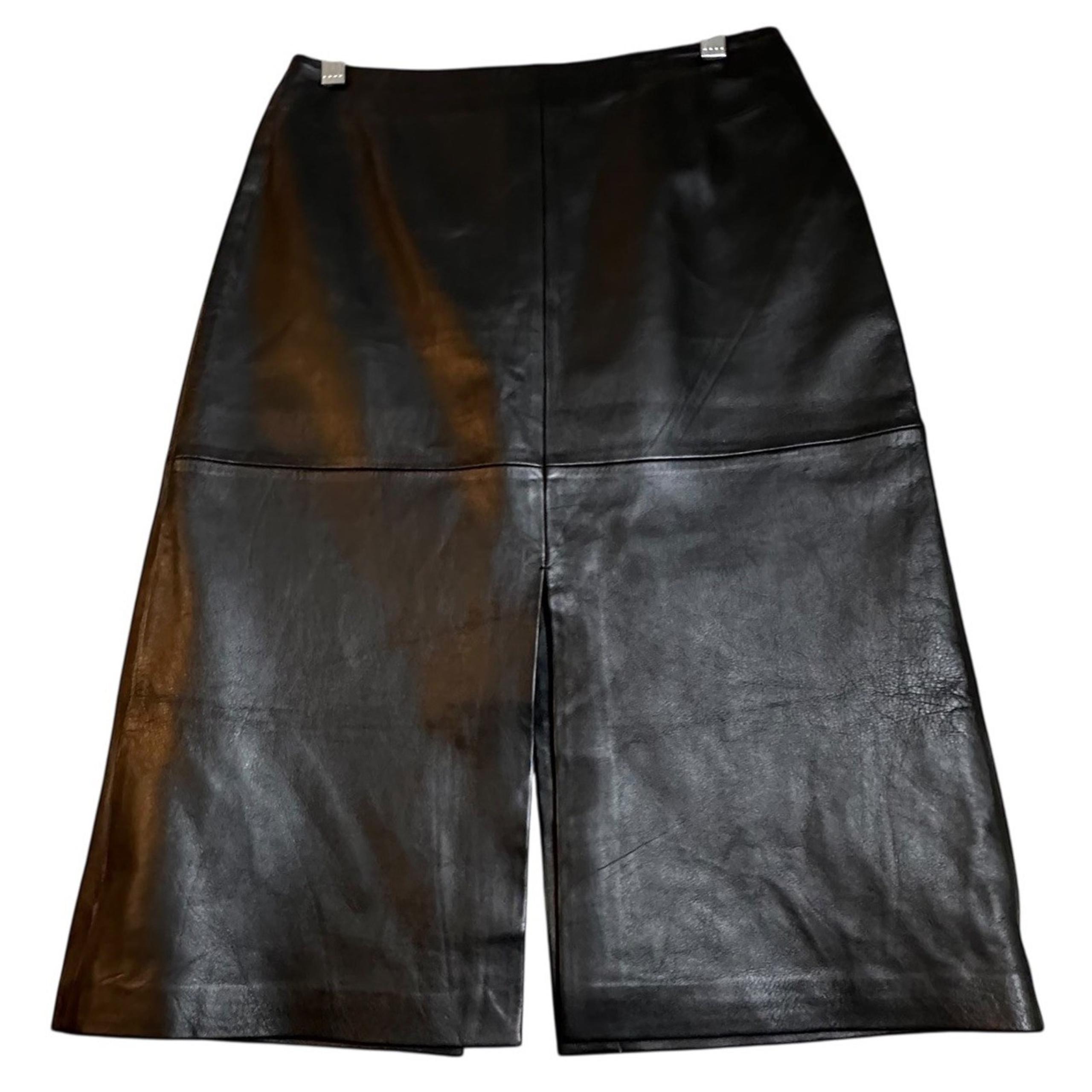 Vtg Y2K Cache Leather Midi Skirt Women's 6 Lined Zip Closure Black Double Slit