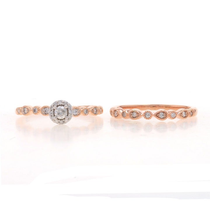 Rose Gold Diamond Halo Engagement Ring & Wedding Band - 10k Round .37ctw V2548