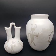 Lot of 2 Native American Navajo Ceramic Hozoni Pottery Artist Signed M. Redhorse