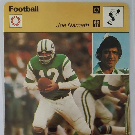 1977 SPORTSCASTER CARD JOE NAMATH NEW YORK JETS HOF PRINTED IN ITALY