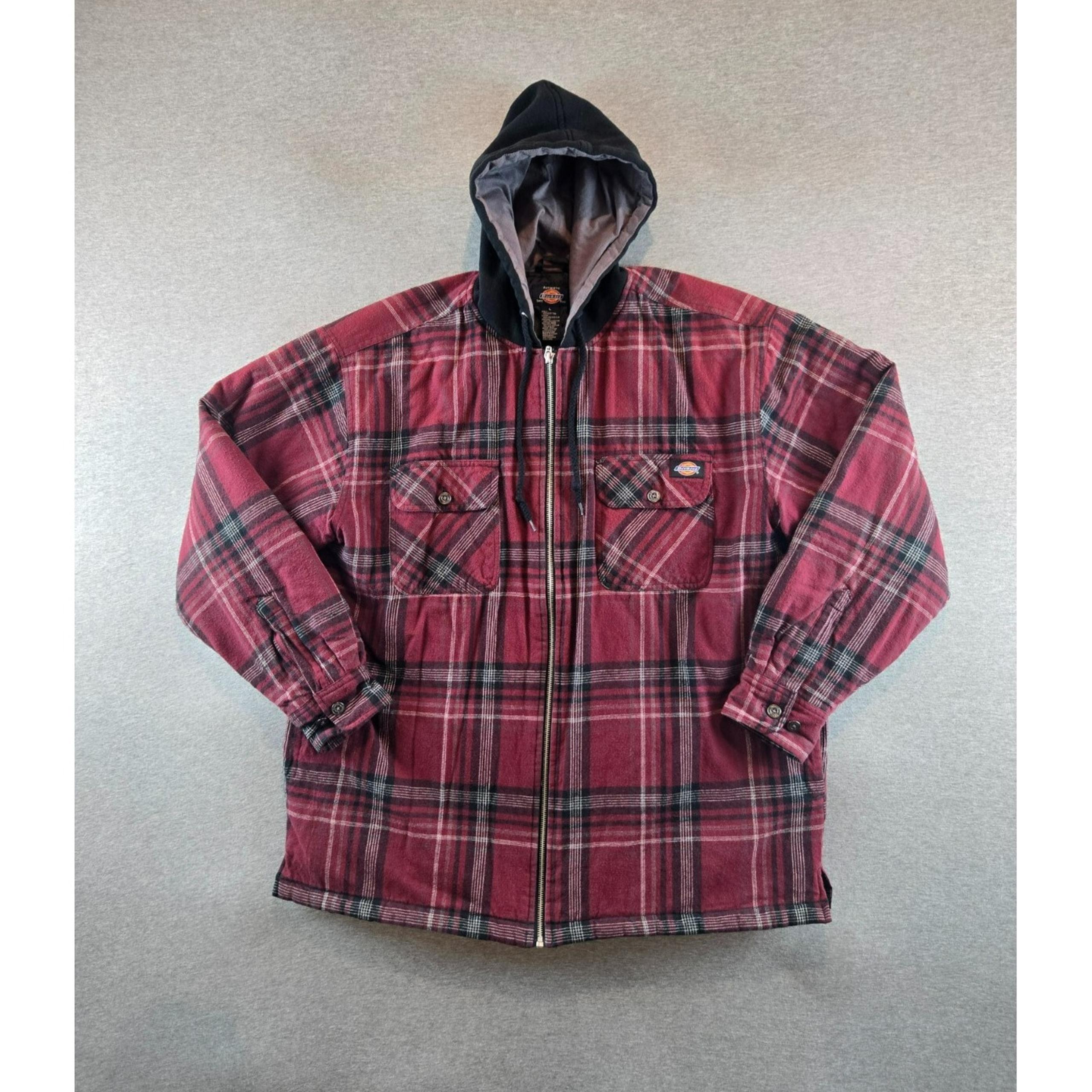 Dickies Hooded Jacket Mens Large Black Red Plaid full Zip Quilted Lined Flannel