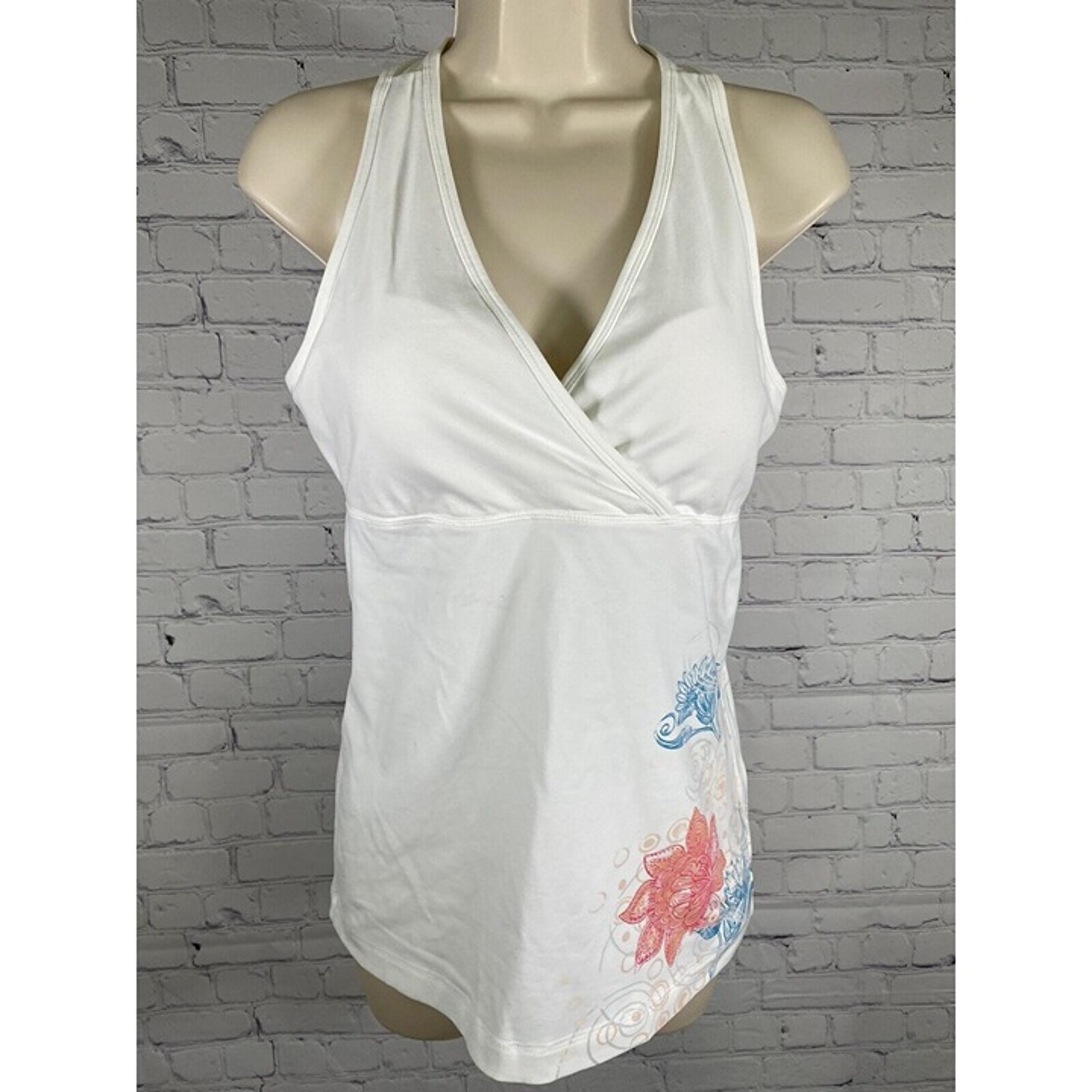 Eddie Bauer Sport White Floral Racer Back Padded V Neck Work Out Tank Top L