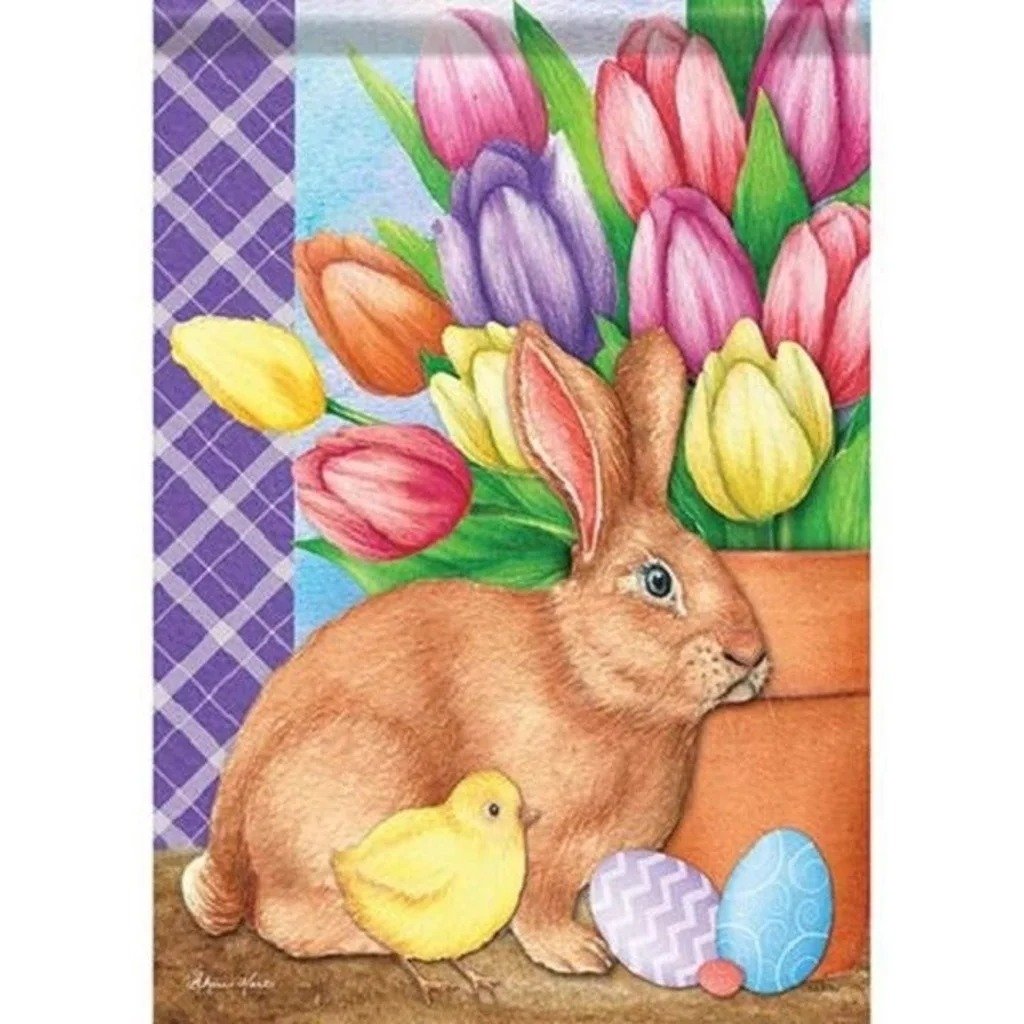Bunny And Tulips Easter House Flag- 2 Sided Message, 28 x 40