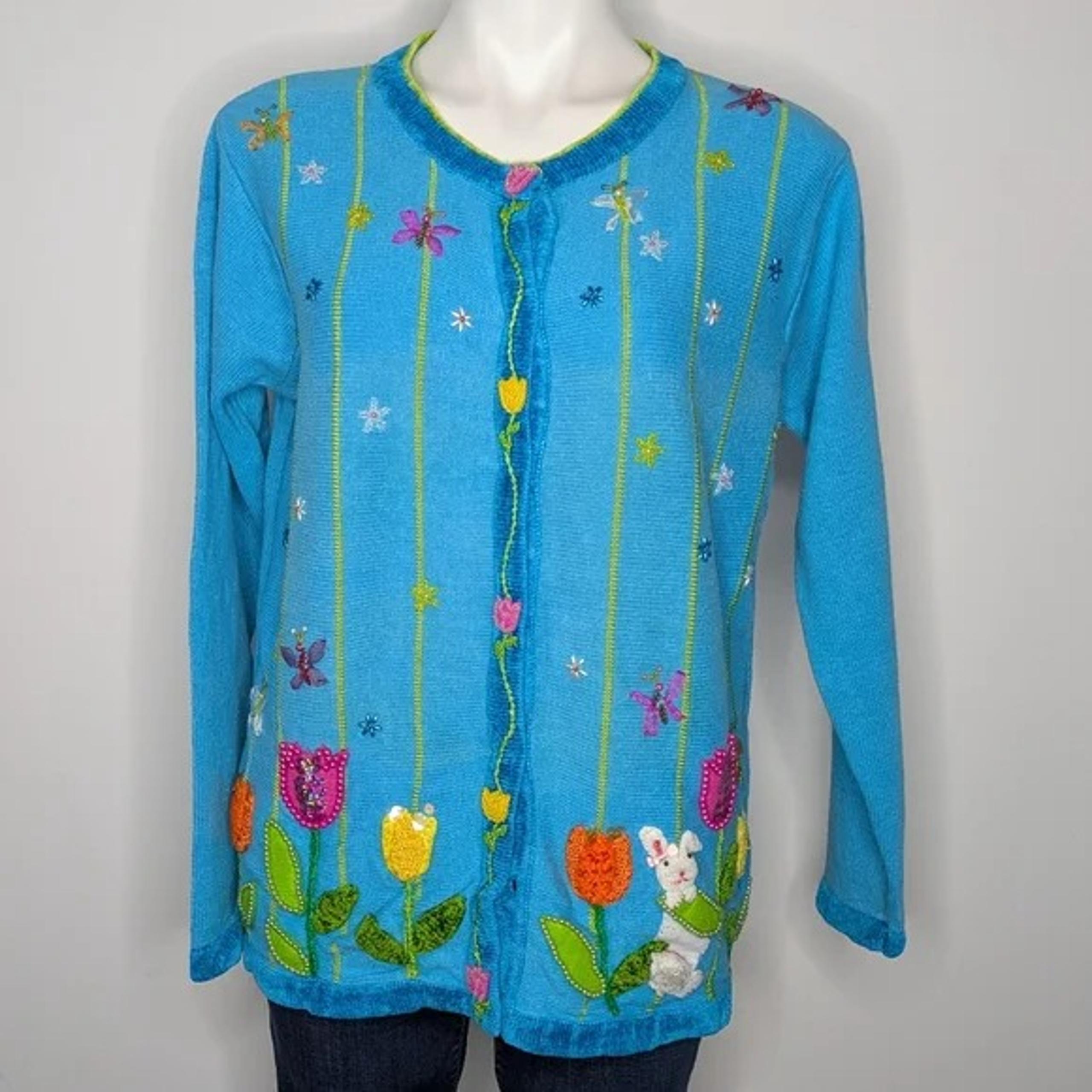 Quacker Factory Blue Colorful Spring Easter Button Cardigan Up Sweater XL