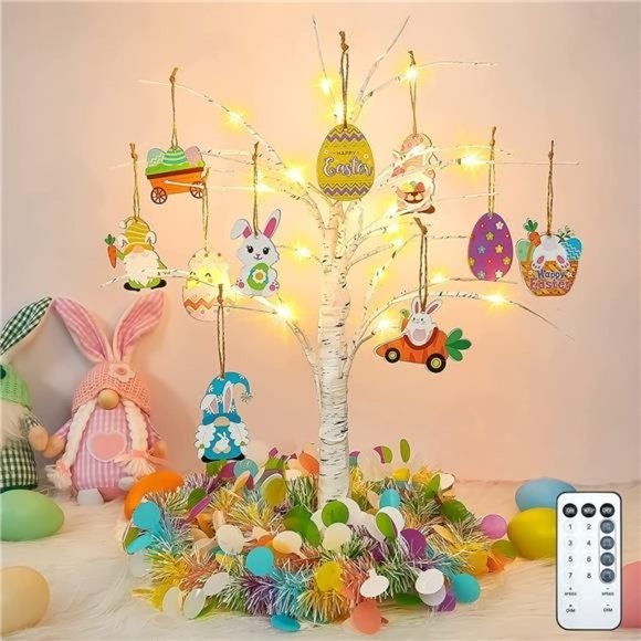 Easter Tree Decorations Lighted Birch Tree with 10 Wooden Hanging