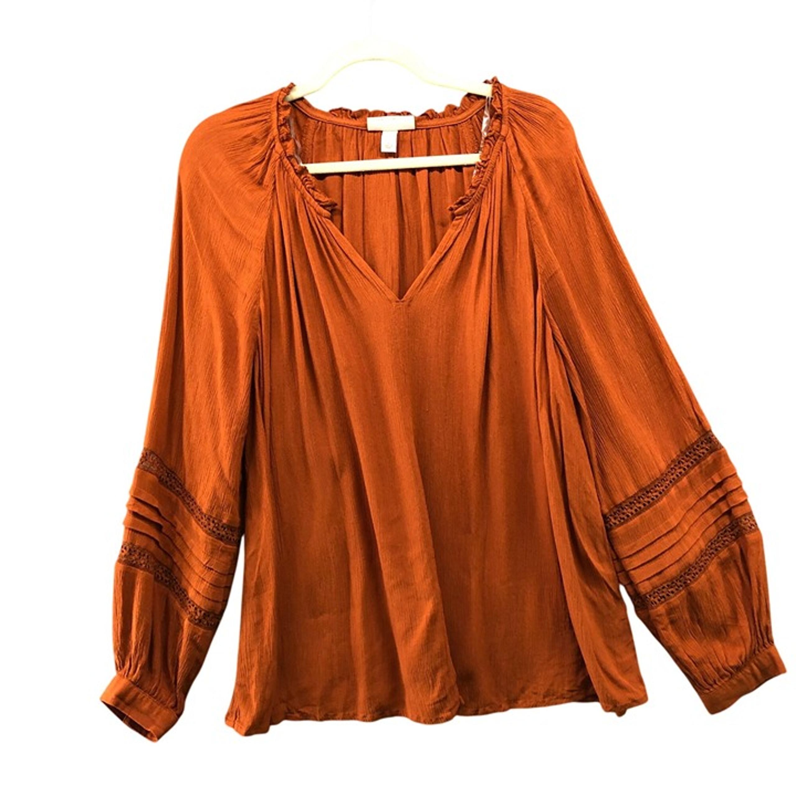 Knox Rose Long Sleeve Blouse Womens L Brown Boho Split Neck Balloon Sleeve