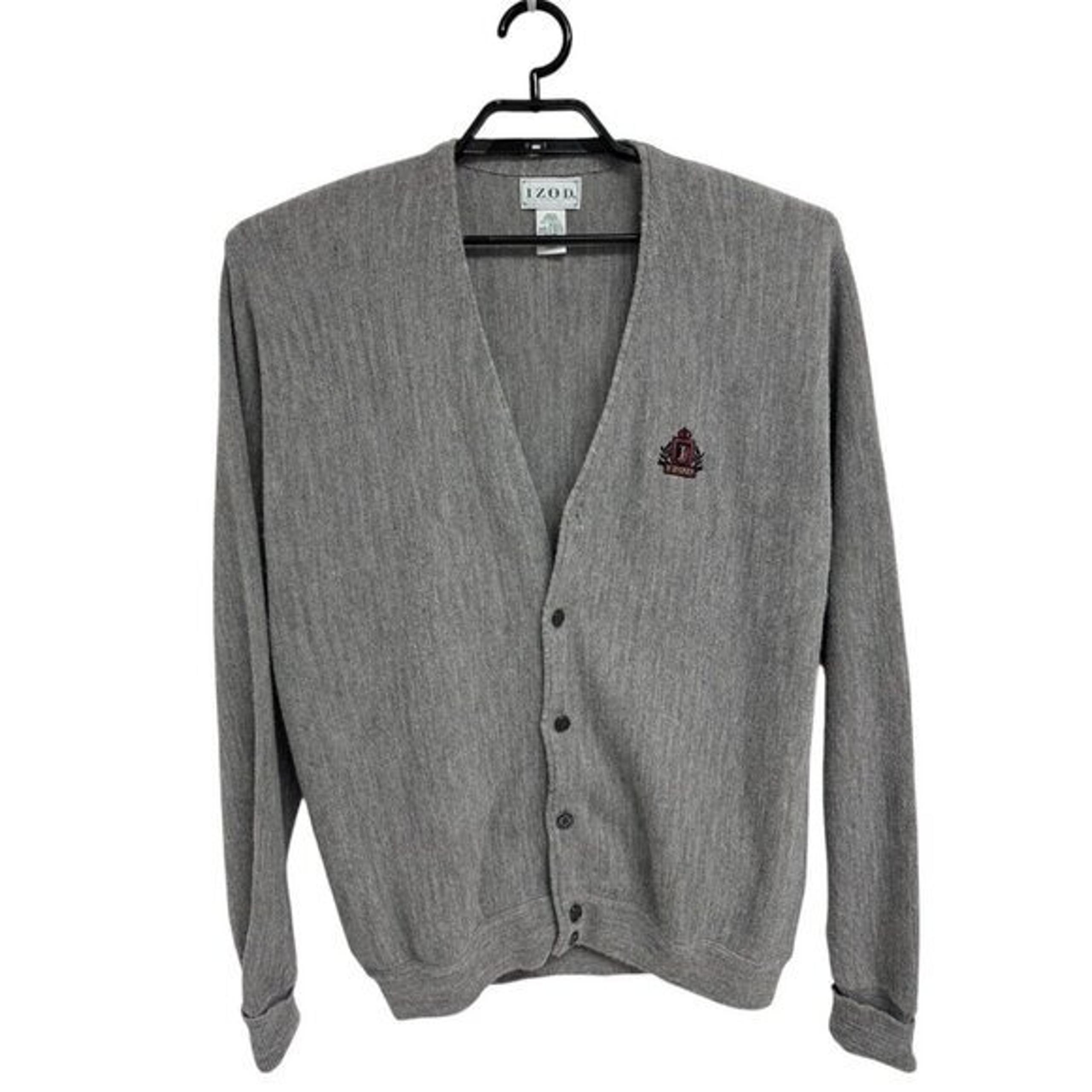 Vintage IZOD men's knit cardigan sweater gray V neck long sleeve size L