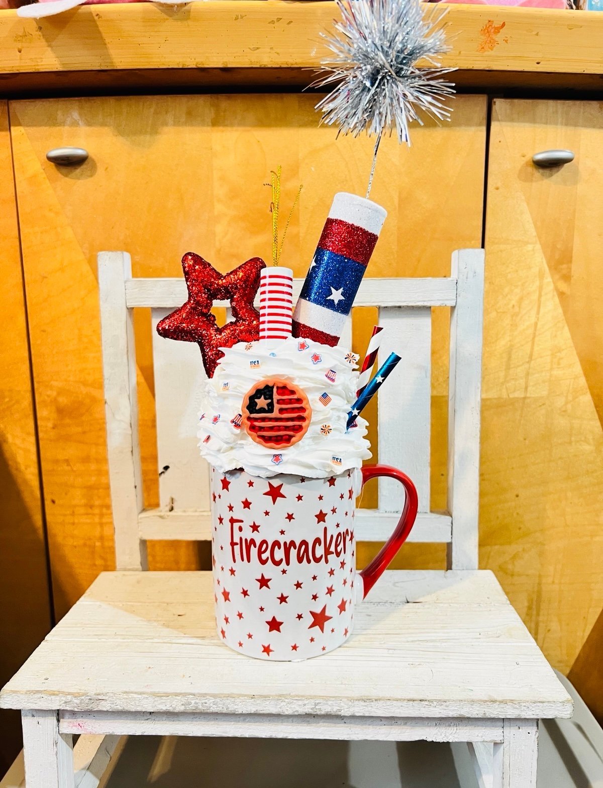 Large July 4th Fireworks FAUX WHIP decor mug 12” with firework