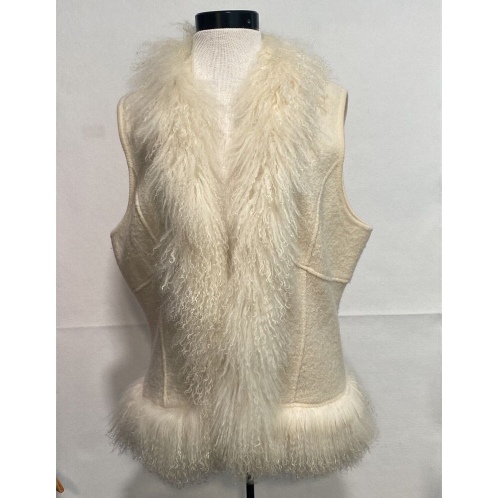 Vintage Mainbocher Women's XL 100% Wool Winter White Vest with Lambs Fur Trim