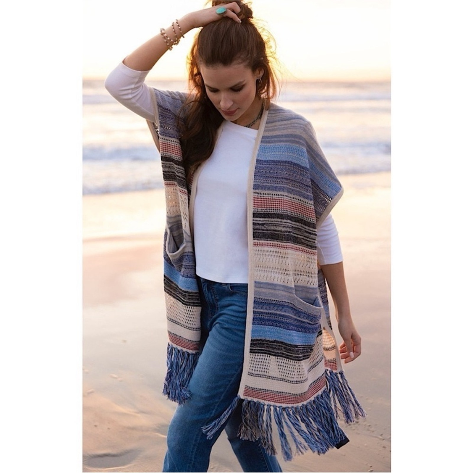 Liverpool Knit Striped Fringe Hem Oversized Sleeveless Cardigan Womens M/L
