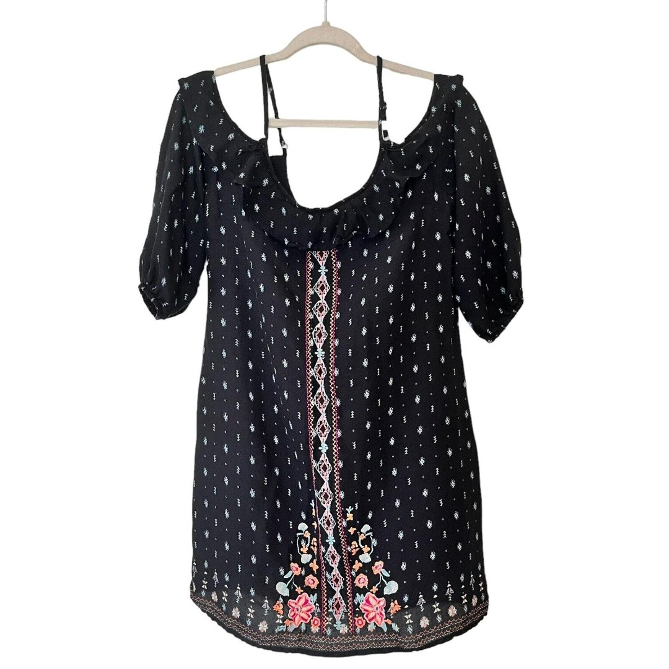 Women Hollister Off The Shoulder Dress Navy Boho Festival Size M Embroidered