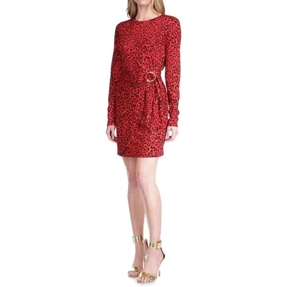 Michael Kors Red Leopard Cat-Print Faux-Wrap Long Sleeve Mini Dress
