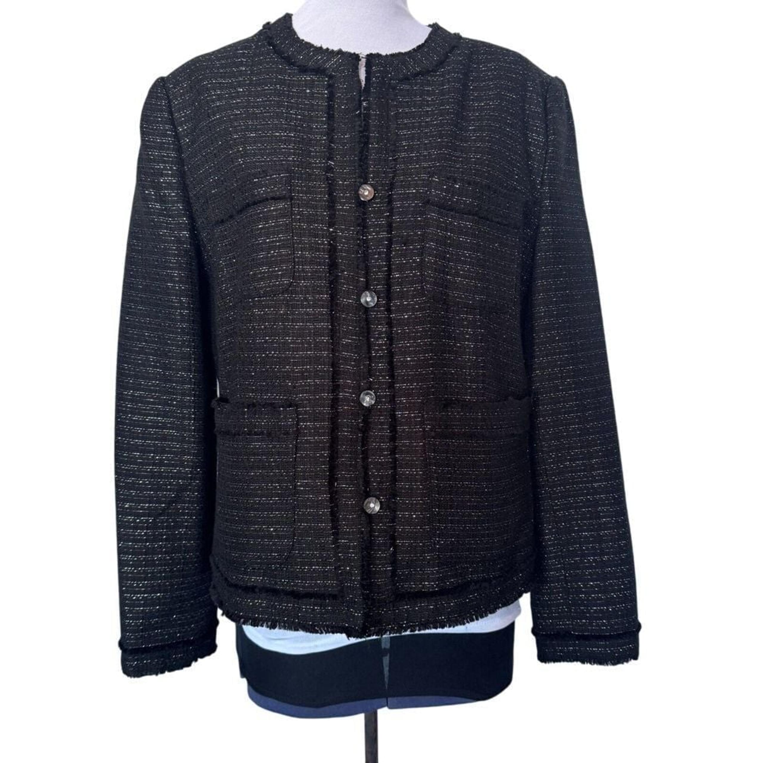 Jaclyn Smith Women Black Silver Tinsel Tweed Blazer 12 Fringe Preppy Career Work