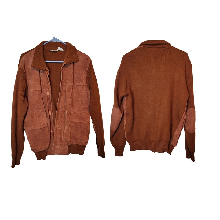 Vintage Landmark Knit Button Up Suede Leather XL Autumn Winter 60s 70s Retro